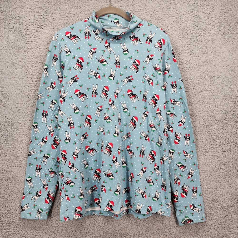 Christmas French Bulldog Dog Print Mock Neck Top Time and Tru Womens XL Blue